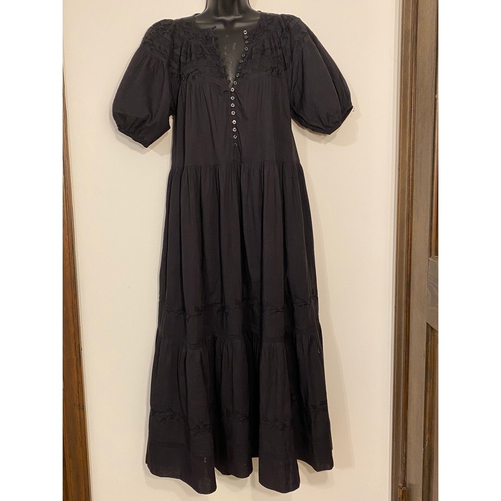 The GREAT. Black Cotton Embroidered Tiered Maxi Dress Puff Sleeve Boho Size 1 Sm - Picture 1 of 8